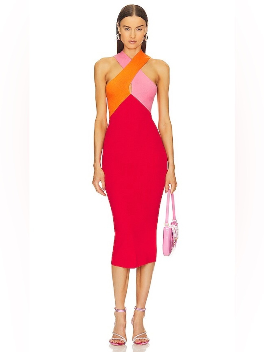Le Superbe Dragonfruit Colorblock Halter Midi Dress L